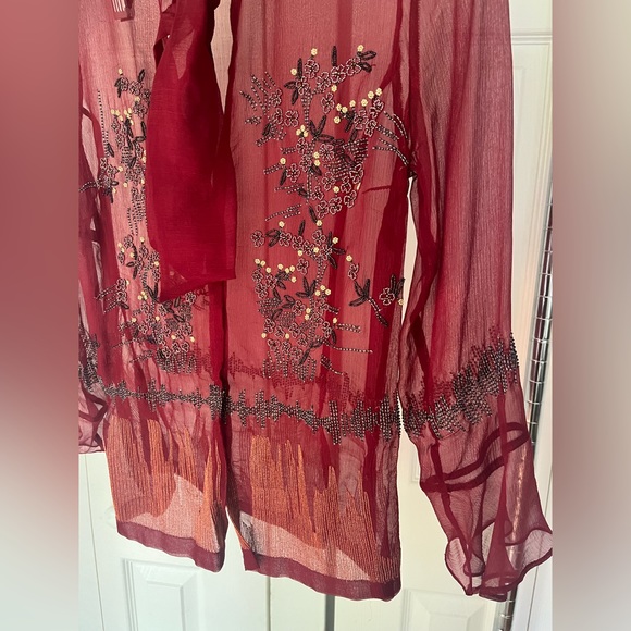 Dries Van Noten Sheer red blouse with neck tie and sequins size 38 US 6. Medium - Picture 2 of 5